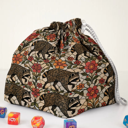Stained Glass Garden Jimothy dice bag — another view of the handmade drawstring pouch