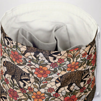 Inside the Stained Glass Garden Jimothy dice bag — six white cotton pockets for sorting dice sets