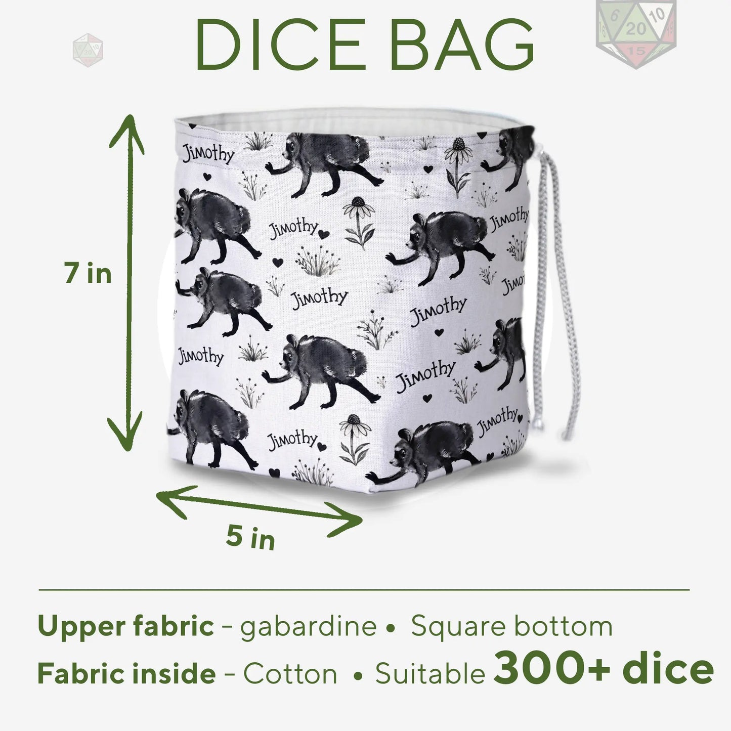 Ink Sketch Signature Jimothy dice bag — another view of the handmade drawstring pouch