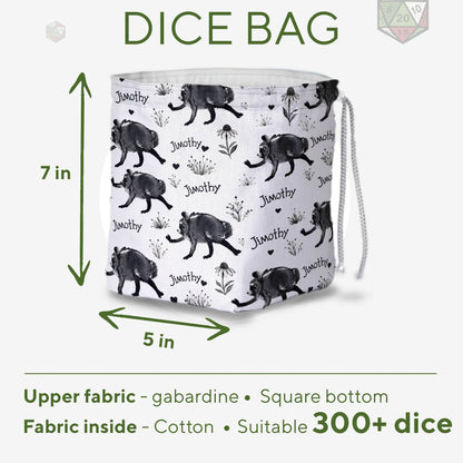 Ink Sketch Signature Jimothy dice bag — another view of the handmade drawstring pouch