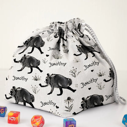 Ink Sketch Signature Jimothy dice bag — another view of the handmade drawstring pouch