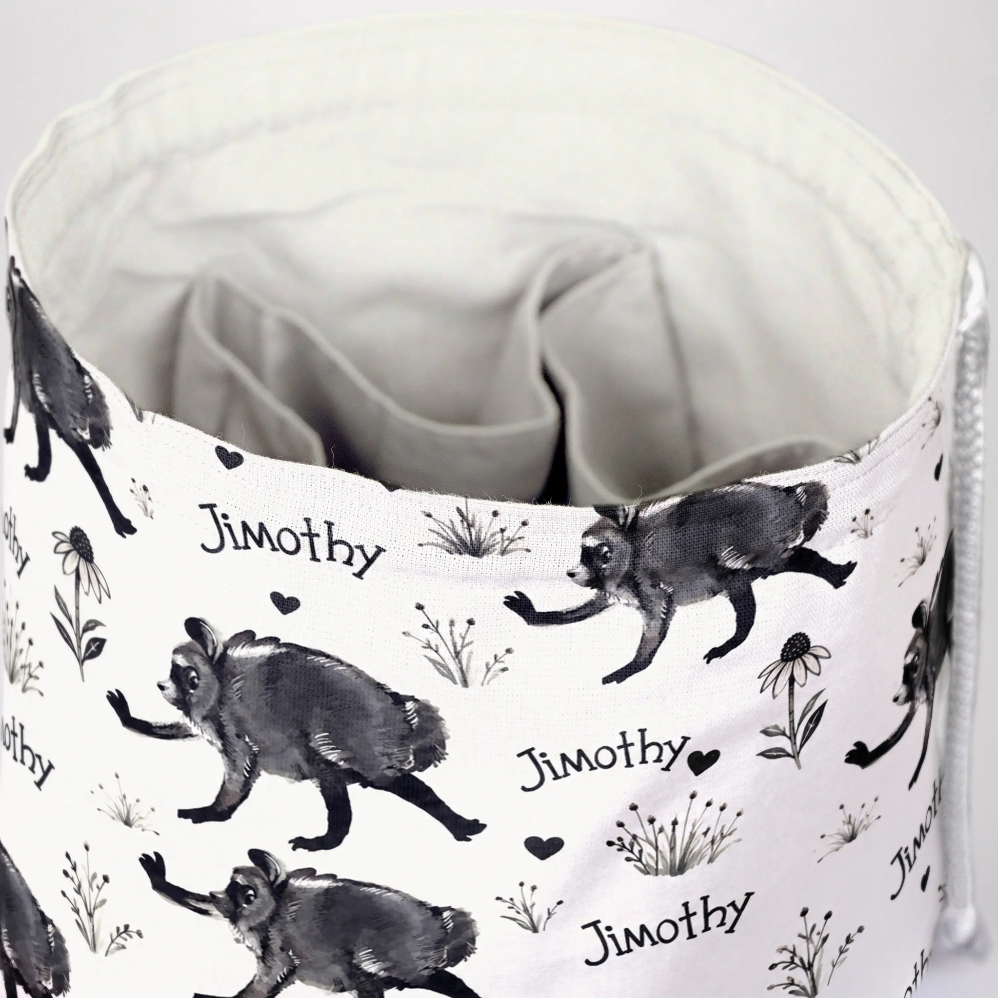 Ink Sketch Signature Jimothy dice bag — another view of the handmade drawstring pouch