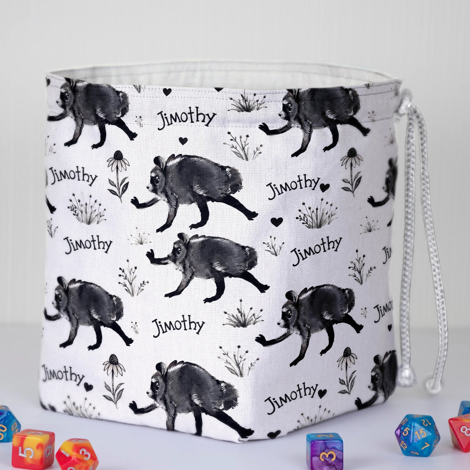Ink Sketch Signature Jimothy dice bag standing open on its square base with white lining
