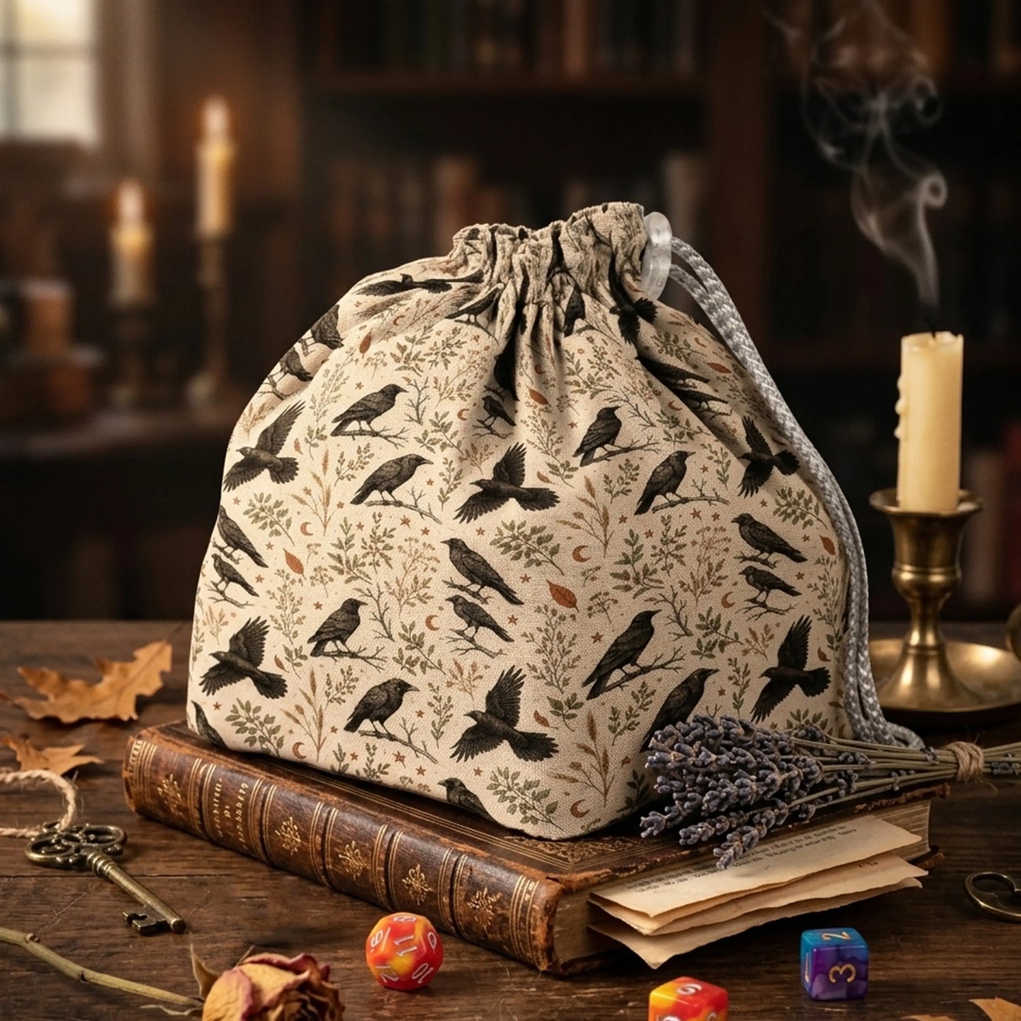 A dark academia dice bag for your aesthetic — a flock of black crows and botanicals on oatmeal linen, holds 300+ dice.