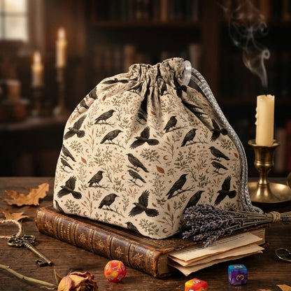A dark academia dice bag for your aesthetic — a flock of black crows and botanicals on oatmeal linen, holds 300+ dice.