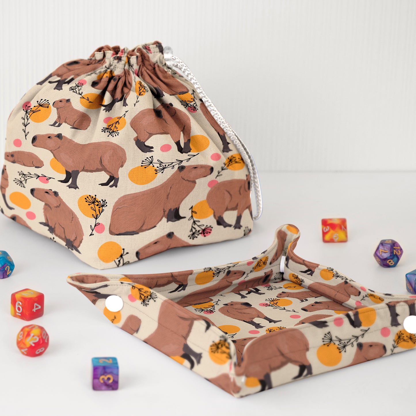 Capybara dice bag and tray, Dnd dice rolling tray for D&D