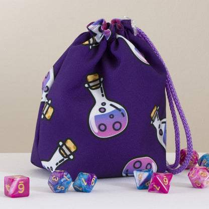 Custom printed small dice bag example: purple potion bottle pattern with drawstring, polyhedral dice around