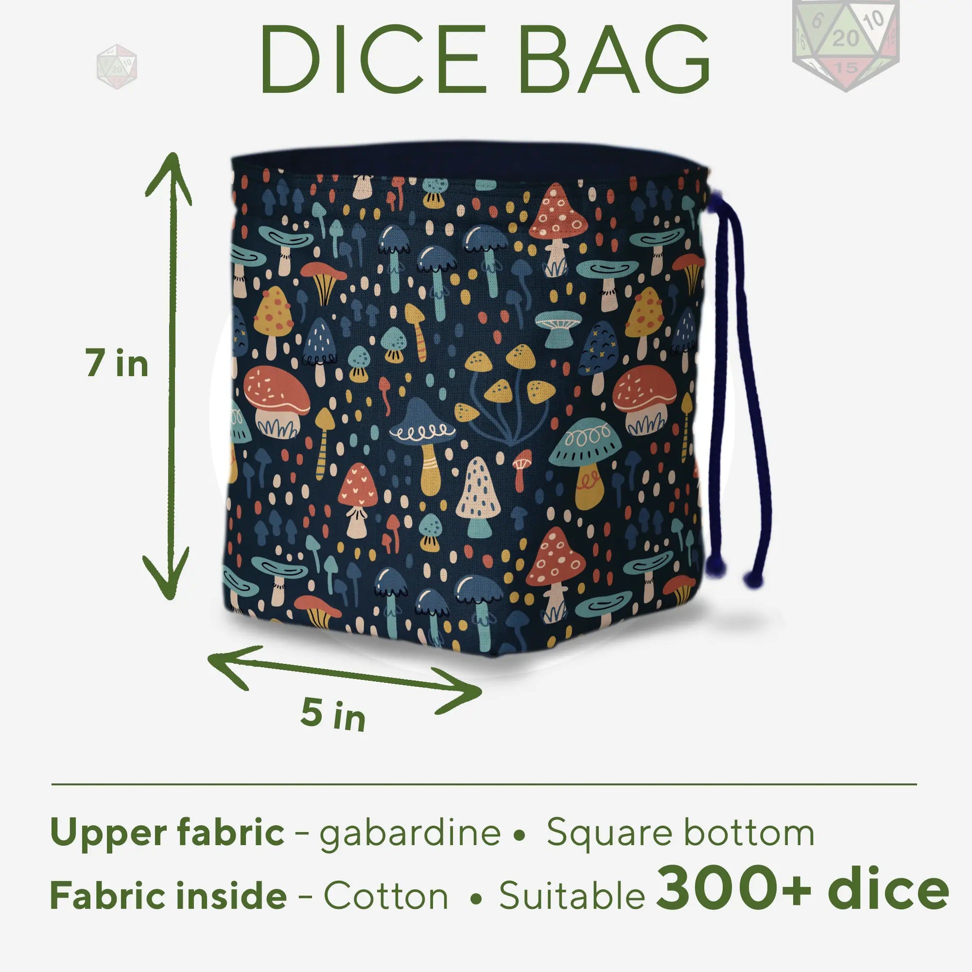 Detail of colourful toadstools on the Whimsical Mushroom dice bag — handmade teal gabardine.