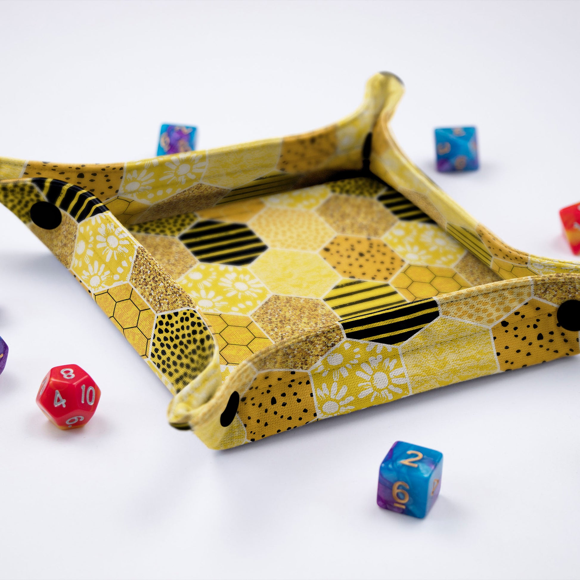 Bee honeycomb dice tray — gold hexagon print, snap-button collapsible rolling tray for DnD.