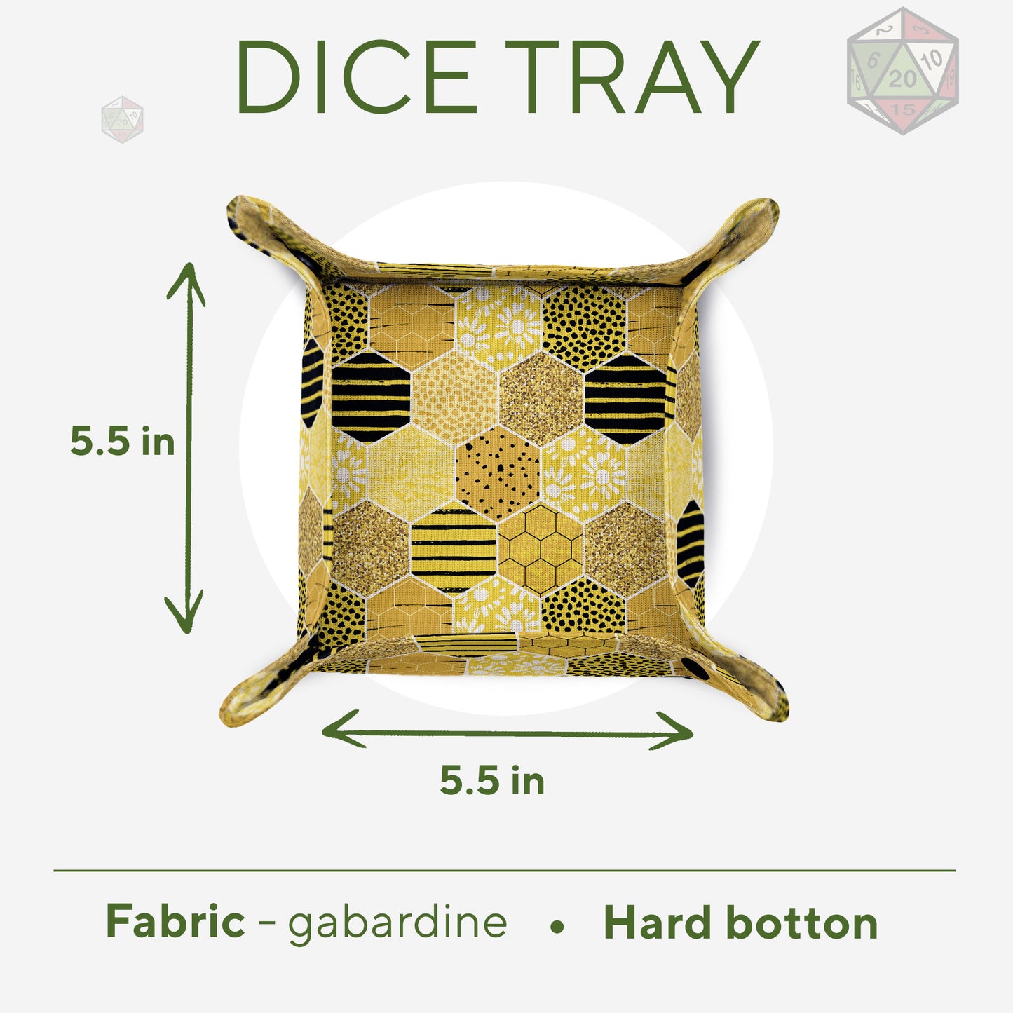 Bee dice tray  — soft fabric interior for quiet rolls, honeycomb print.