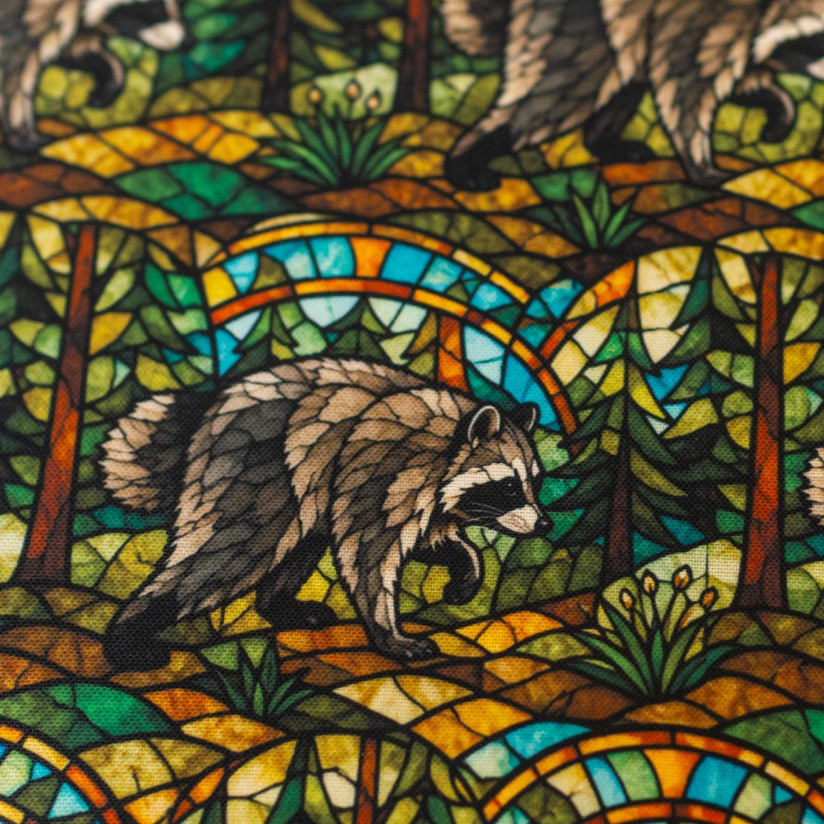 Close-up of GameFancy Jimothy raccoon print fabric, stained glass forest design, used for dice bags