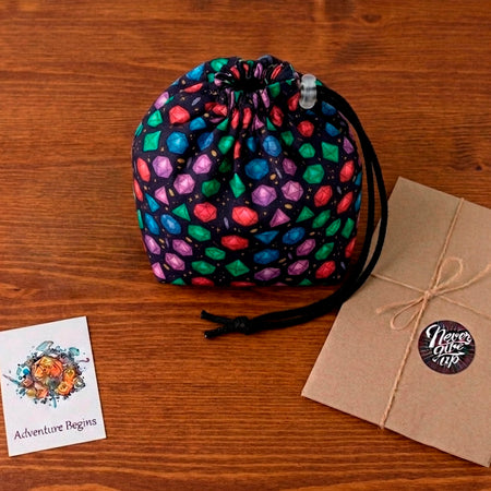 Handmade gift for a DnD player — gemstone dice bag with pockets for a Dungeon Master, holds 300+ dice.