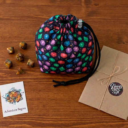 Handmade gift for a DnD player — gemstone dice bag with pockets for a Dungeon Master, holds 300+ dice.