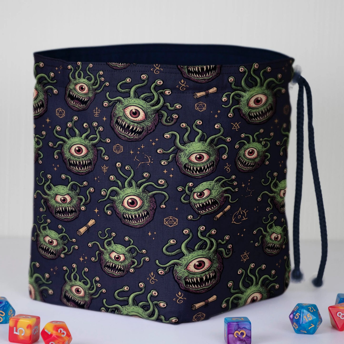 Green beholder dnd dice bag — square base stands upright, drawstring closure