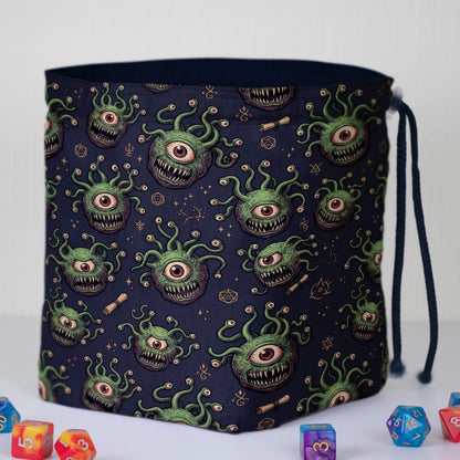 Green beholder dnd dice bag — square base stands upright, drawstring closure