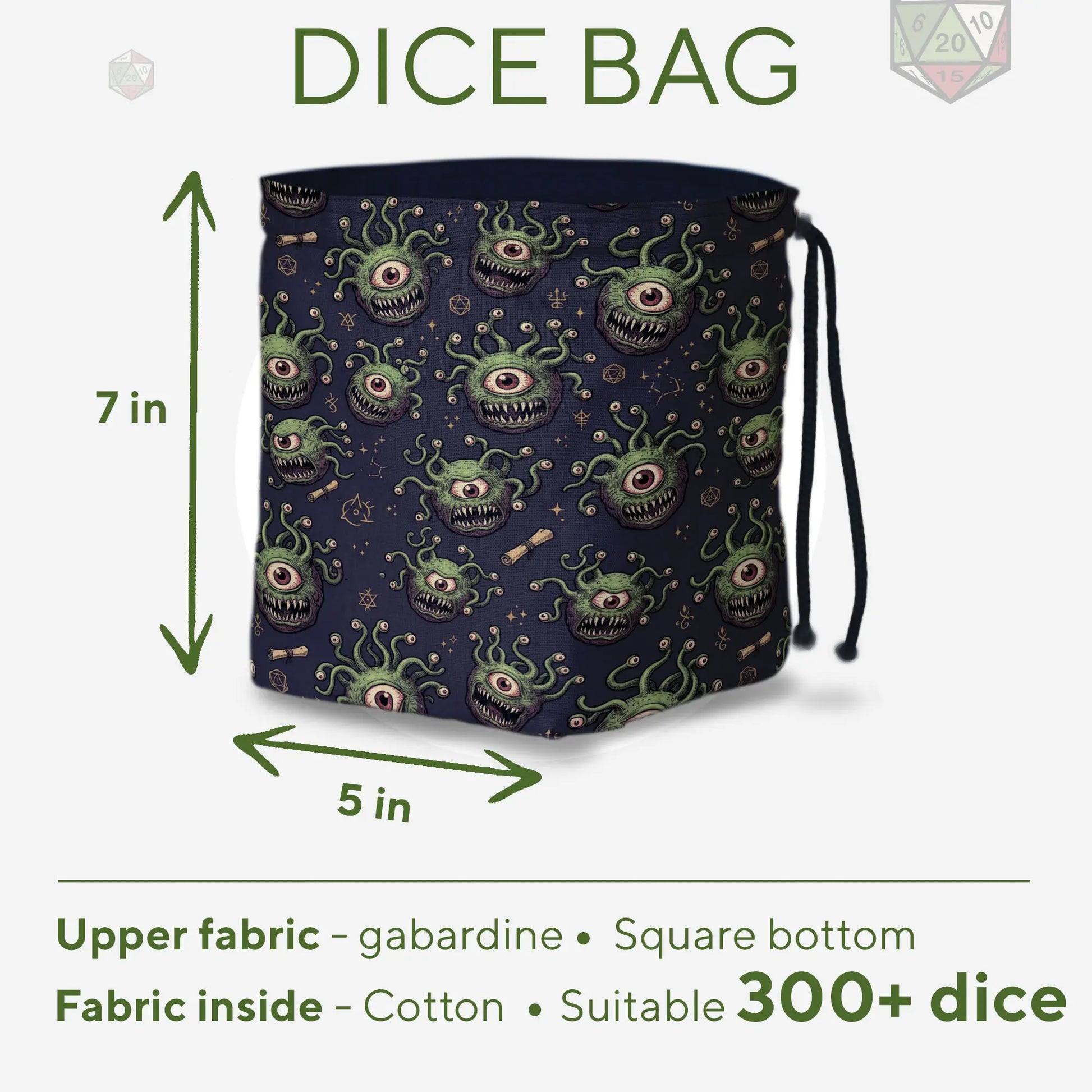 Green beholder dice bag held in hand — repeating eye tyrant print with gold runes and scrolls