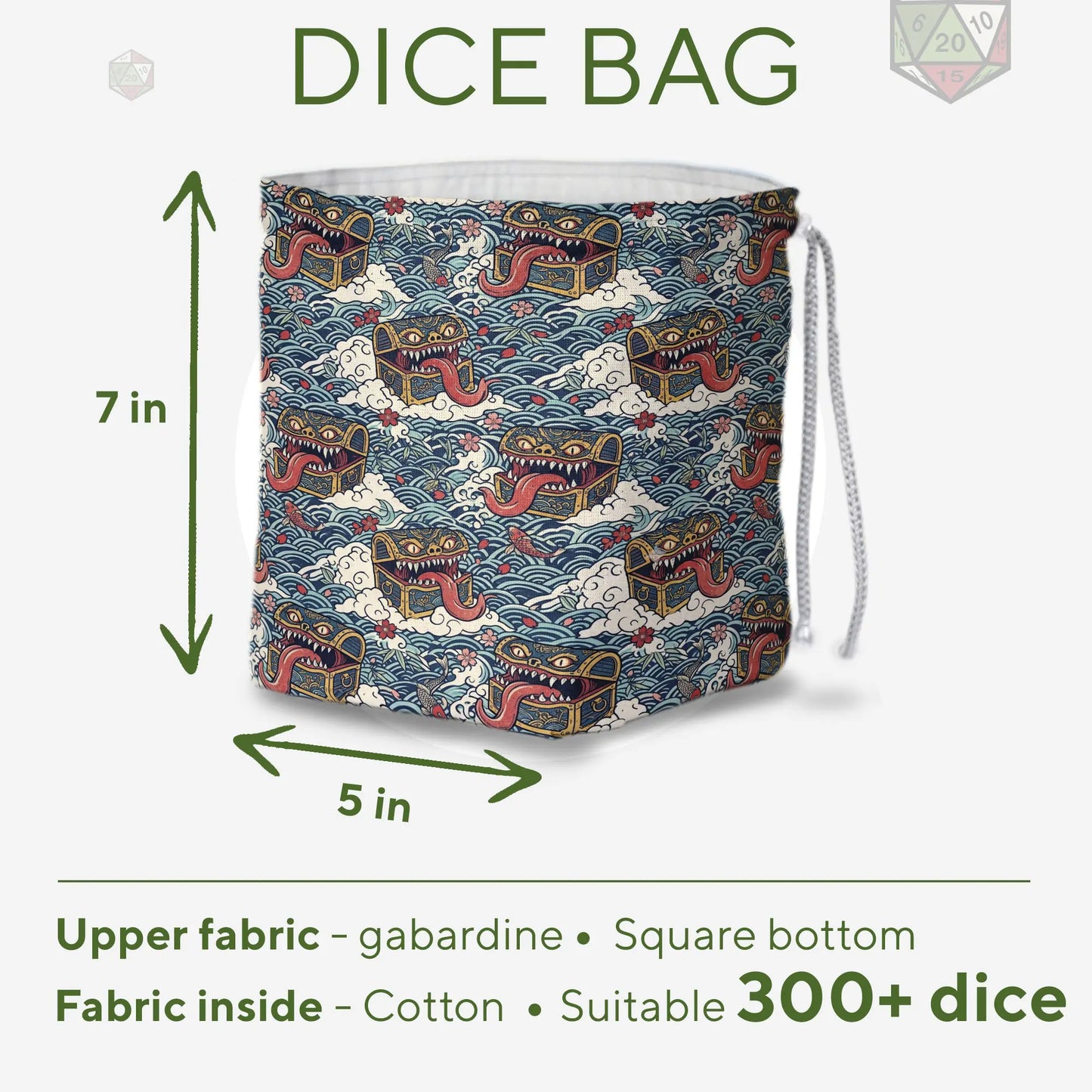 Japanese wave mimic dice bag held in hand — teal woodblock print with koi and treasure chests