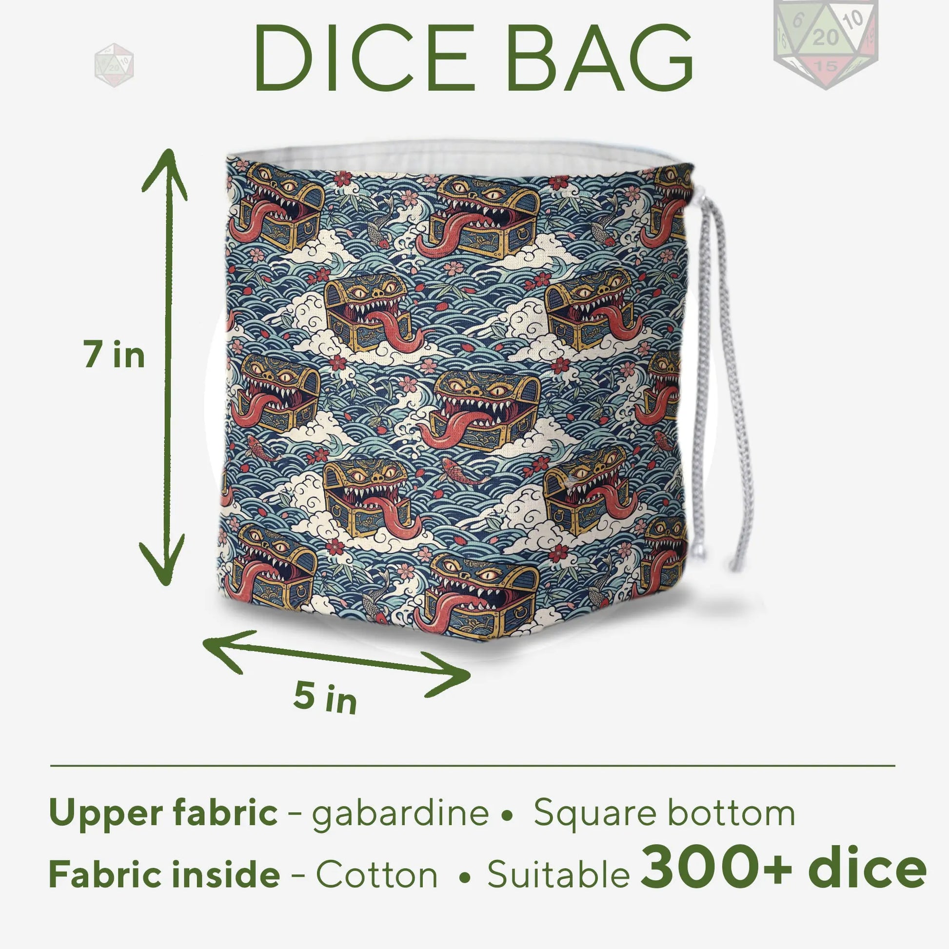 Japanese wave mimic dice bag held in hand — teal woodblock print with koi and treasure chests