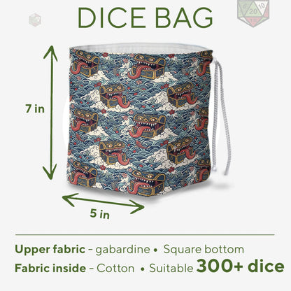 Japanese wave mimic dice bag held in hand — teal woodblock print with koi and treasure chests