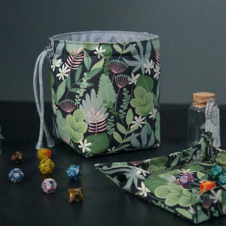 Enchanted forest druid dice bag and tray set — handmade matching DnD gift set with 6-pocket bag and fold-flat tray.