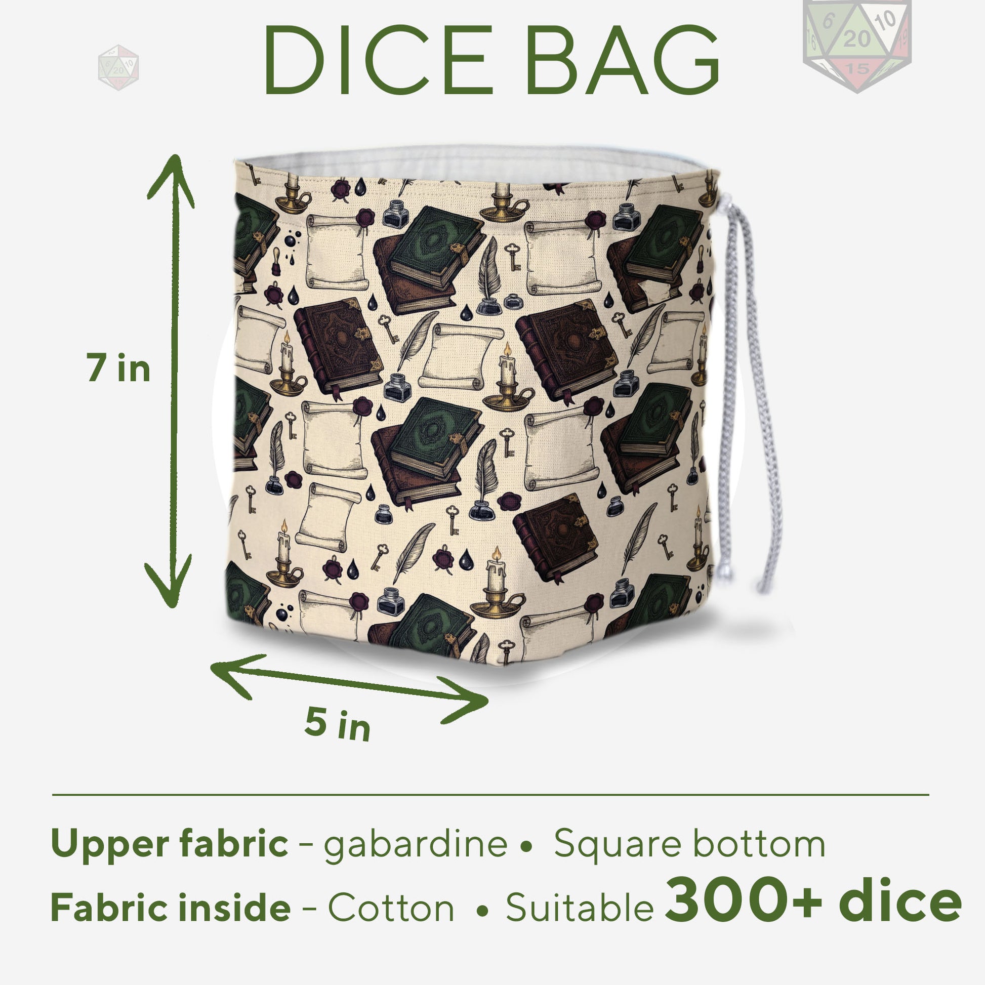 Books dice bag with rainbow pockets for sorting dice by character or campaign.