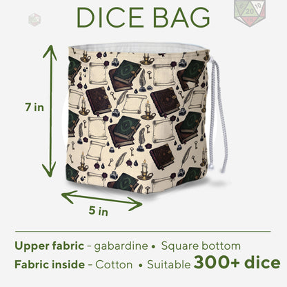 Books dice bag with rainbow pockets for sorting dice by character or campaign.