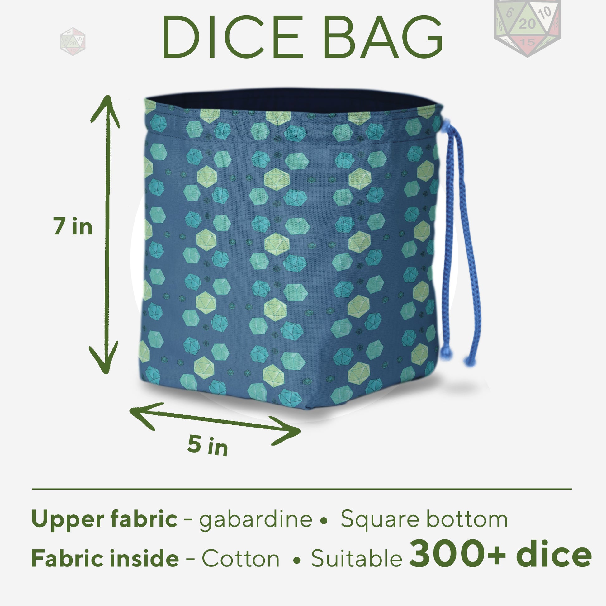 Teal D20 dice bag interior with pockets — organize multiple dice sets.