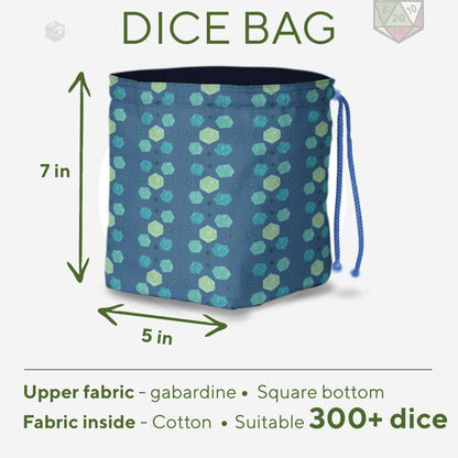 Teal D20 dice bag interior with pockets — organize multiple dice sets.