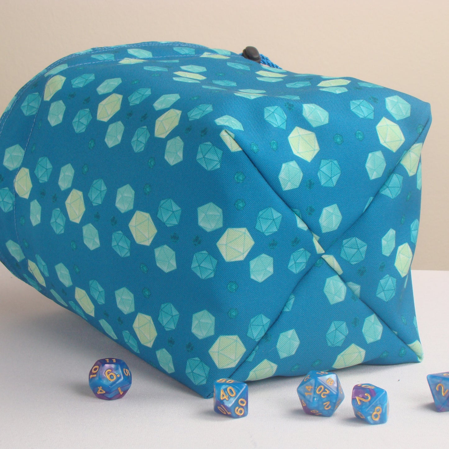 Mint D20 dice bag with pockets — handmade DnD gift for a player.