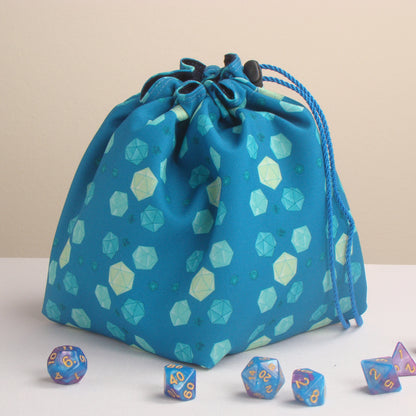 Teal D20 dice bag with 6 pockets — sorts dice sets for a Dungeon Master.