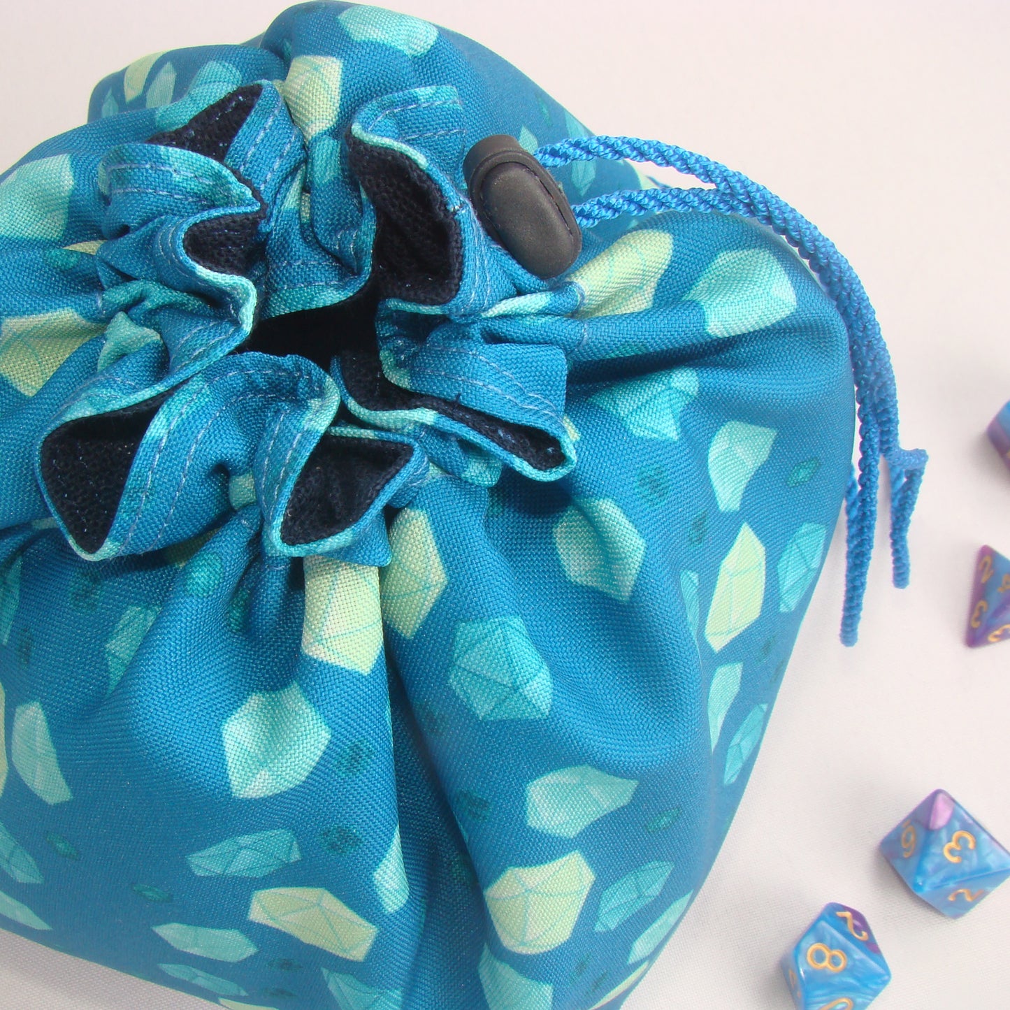 Teal D20 dice bag with pockets — gabardine DnD storage, handmade in Ukraine.