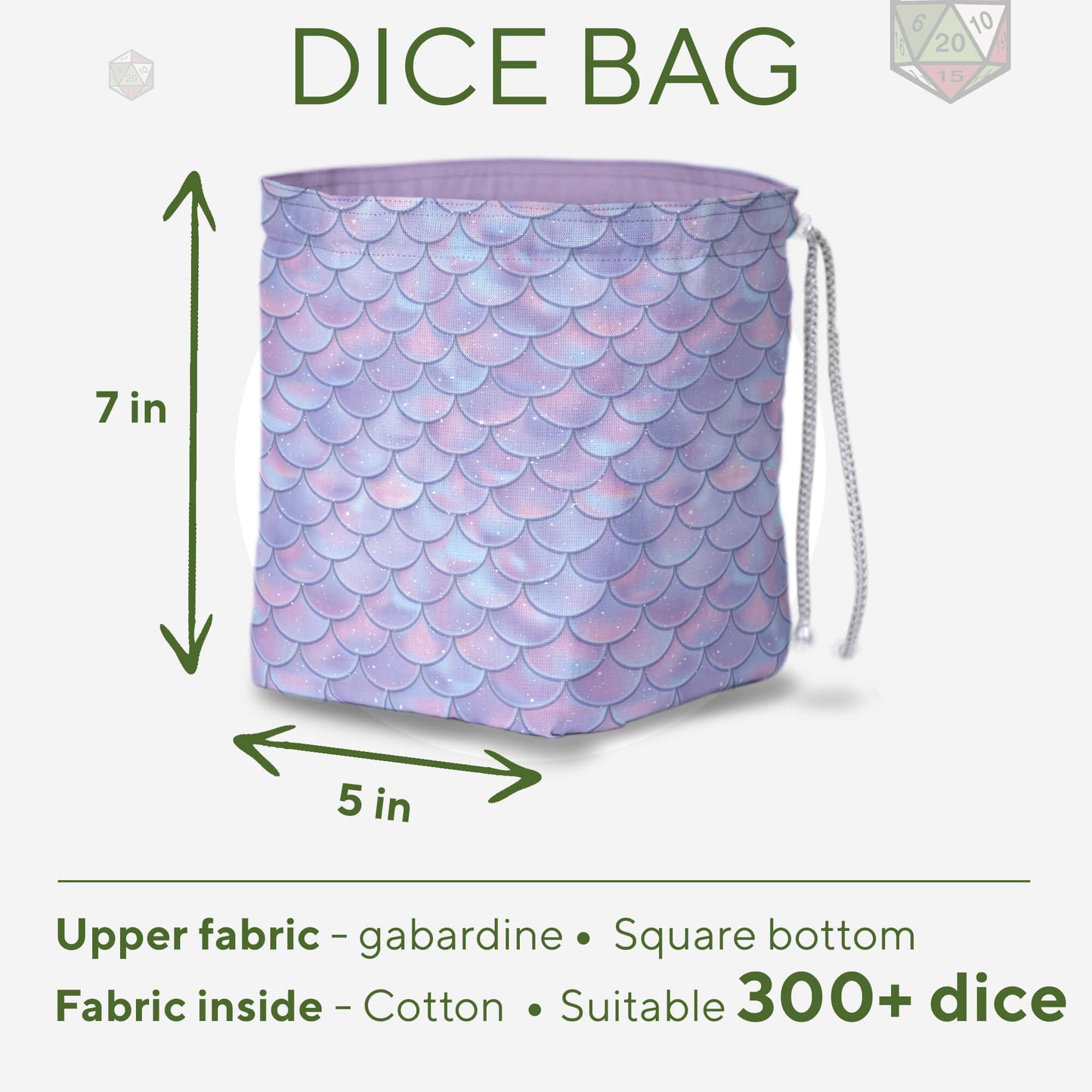Pastel dragon-scale dice bag front view — soft pink, lavender, and blue scale print.