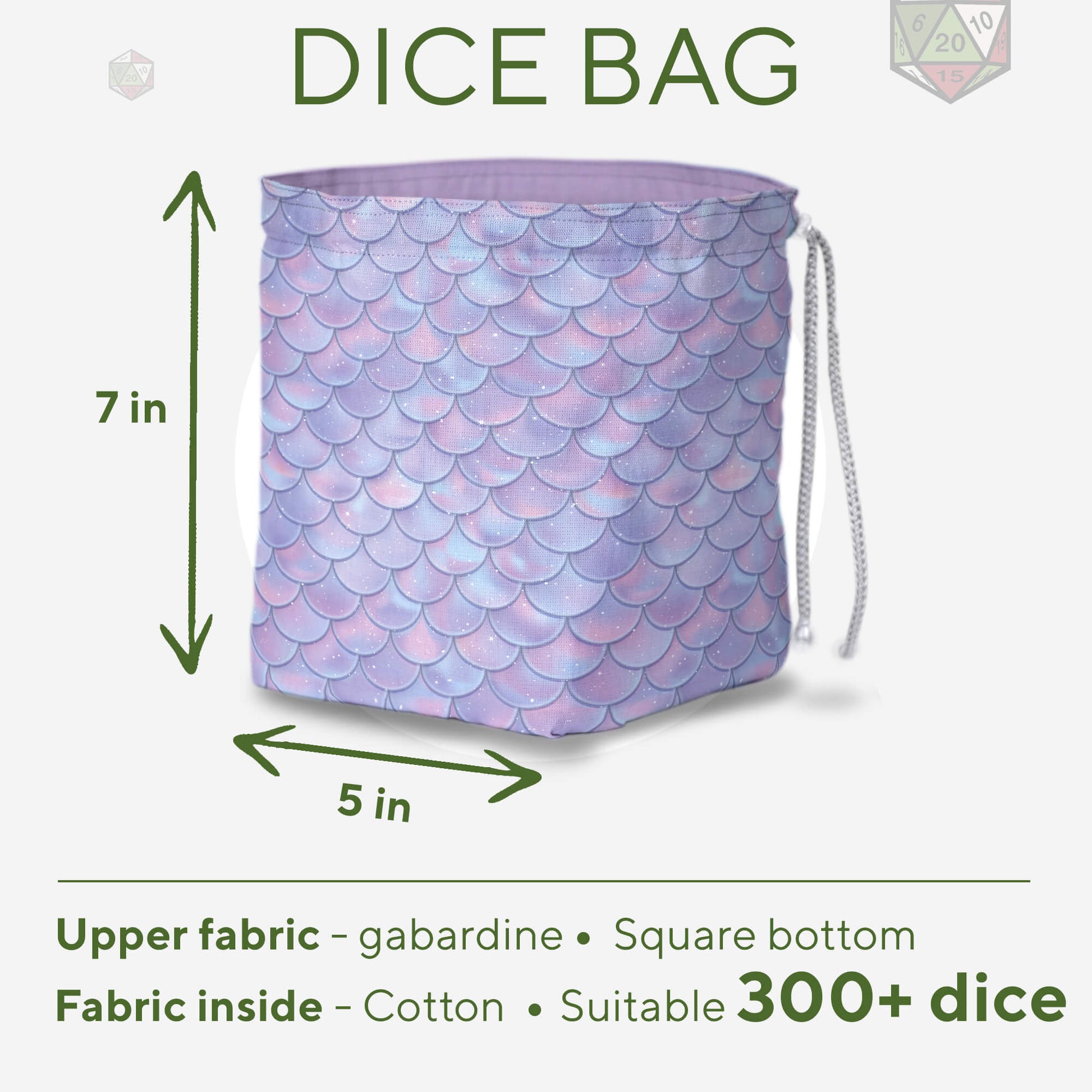 Pastel dragon-scale dice bag front view — soft pink, lavender, and blue scale print.