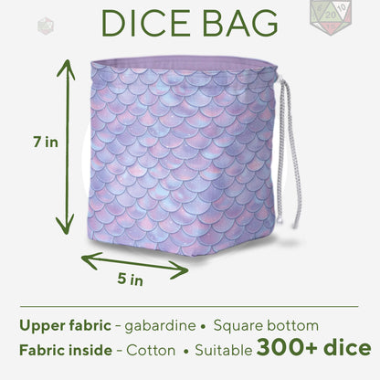 Pastel dragon-scale dice bag front view — soft pink, lavender, and blue scale print.