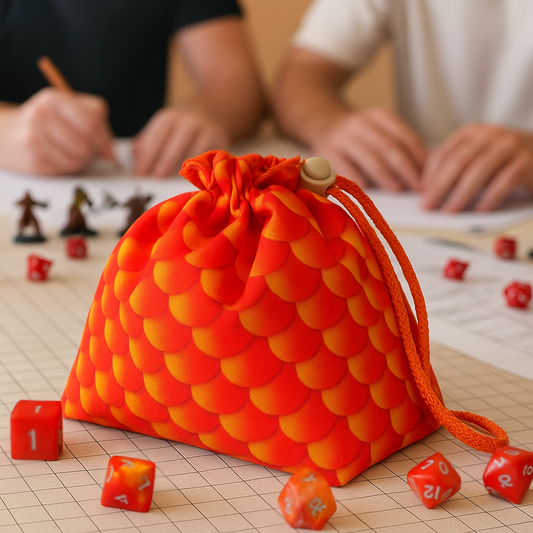 Dragon dice bag — handmade pouch with dragon scale design, perfect for Dungeons & Dragons and tabletop RPGs. Size approx. 5 x 7 inches, stands upright with square bottom, holds 100+ dice. Available in classic style or with 6 inner pockets for organization. Made with cotton lining, gabardine exterior, and secure drawstring closure. Ideal as d and d gifts or dnd presents for gamers, beautifully packaged, handmade with love, ready for gifting.