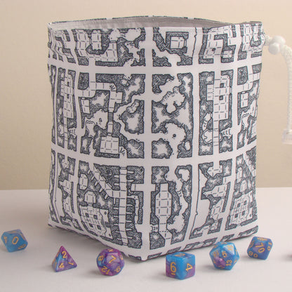 Dungeon map dice bag with rainbow pockets for sorting dice by encounter.