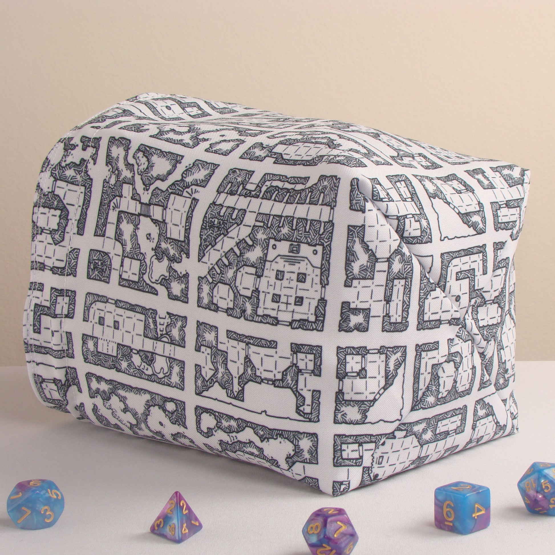 Monochrome map dice bag with pockets — handmade DnD gift for a DM.