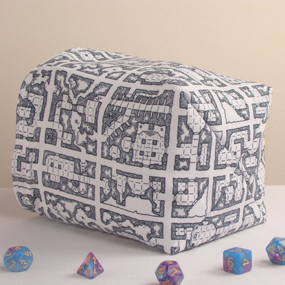 Monochrome map dice bag with pockets — handmade DnD gift for a DM.