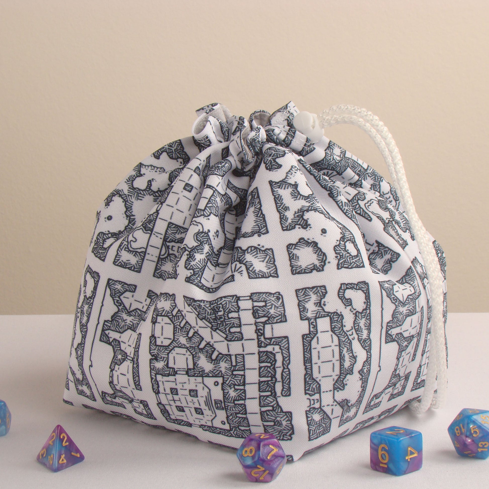 Dungeon map dice bag with 6 pockets — sorts dice sets for a Dungeon Master.