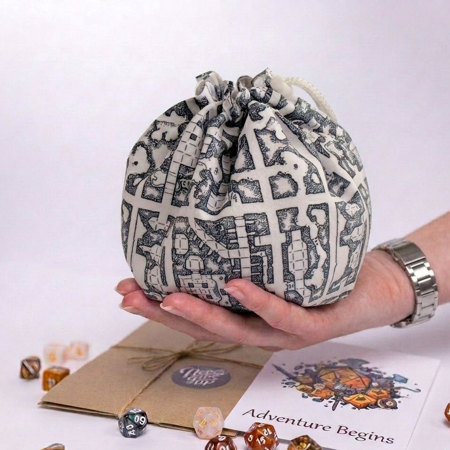 Gift for a Dungeon Master — black & white dungeon map dice bag with pockets, holds 300+ dice.