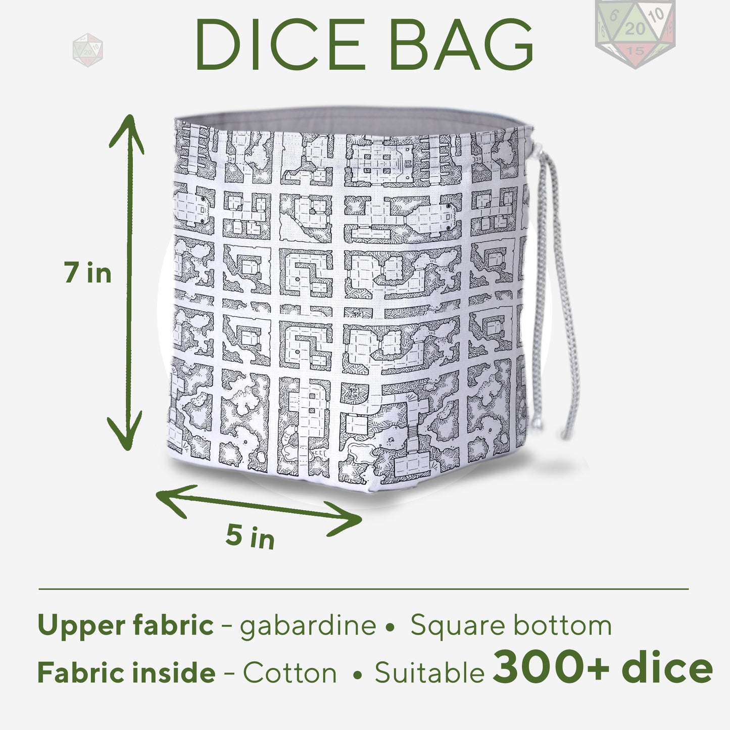 Dungeon map dice bag interior with pockets — organize multiple dice sets.