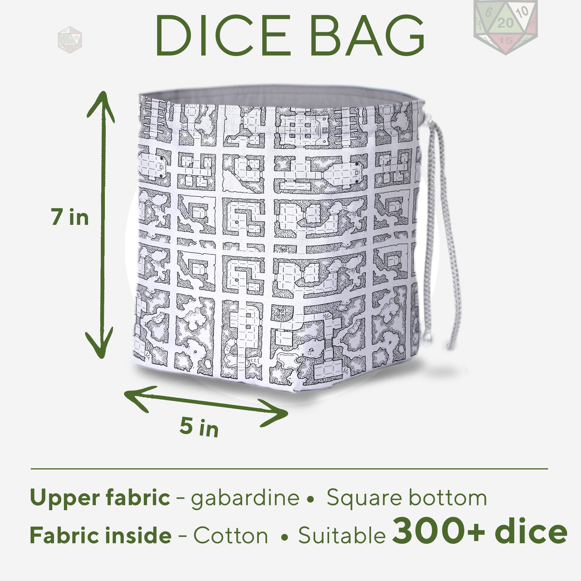Dungeon map dice bag interior with pockets — organize multiple dice sets.
