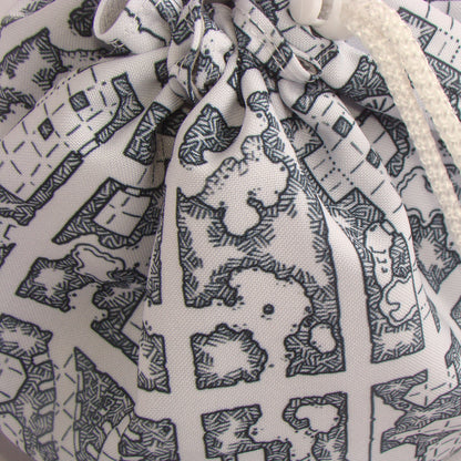 Black and white dungeon map dice bag standing open — large handmade DnD organizer.