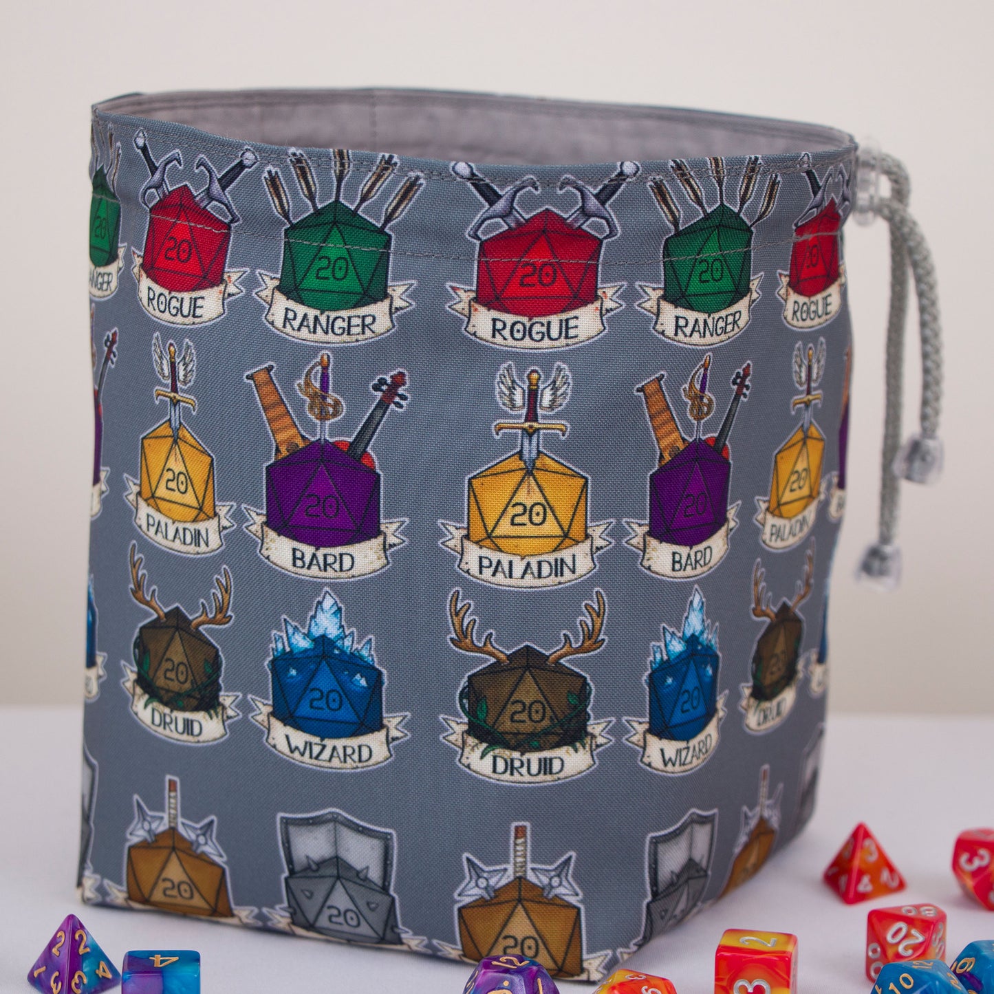Class crest dice bag with pockets — gabardine DnD storage, handmade in Ukraine.