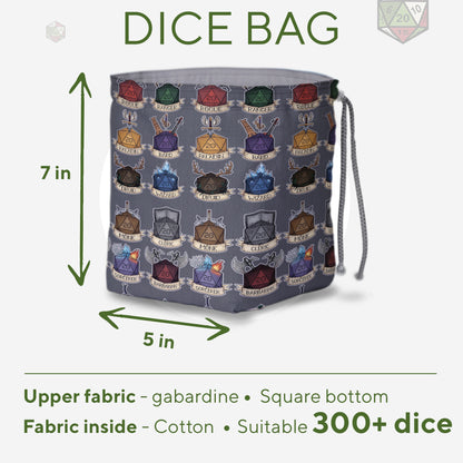 DnD class crest dice bag interior with pockets — organize multiple dice sets.