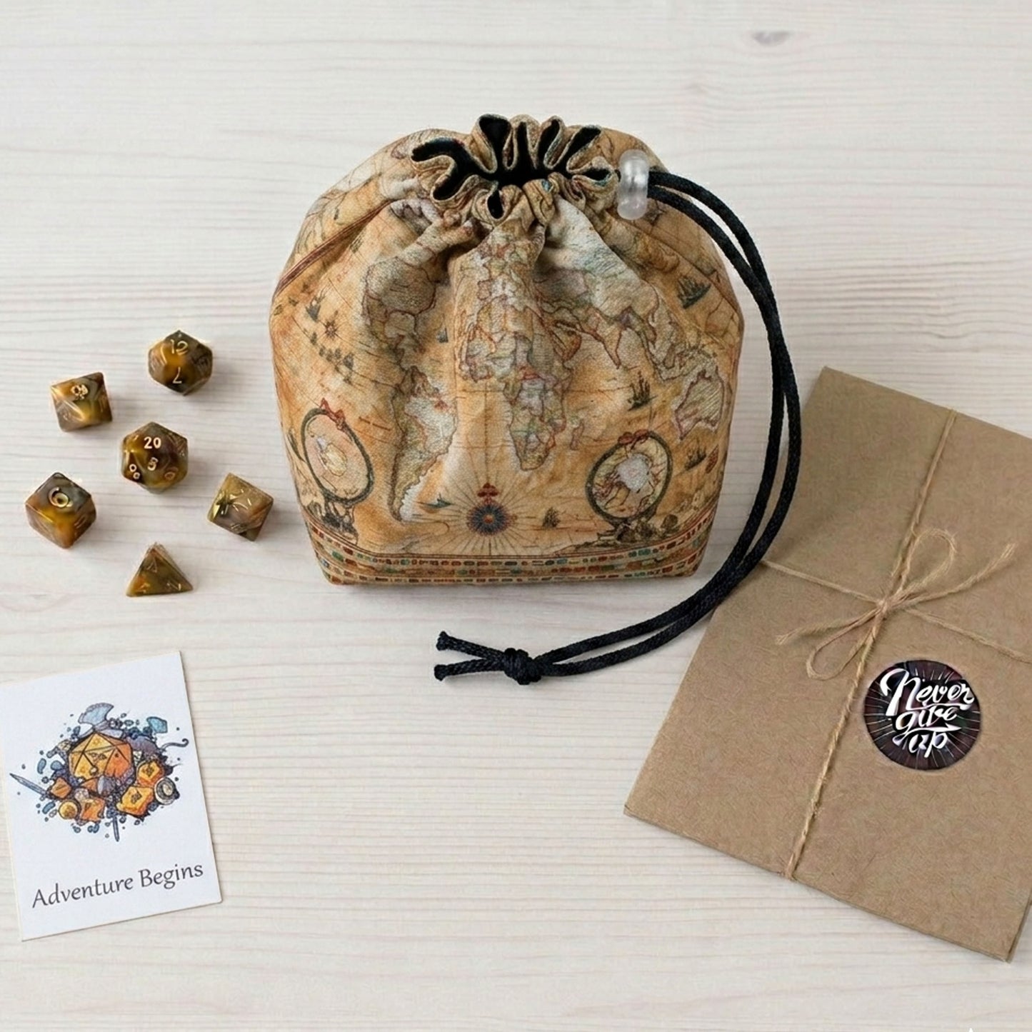 Gift for a Dungeon Master — old world map dice bag with pockets, holds 300+ dice.