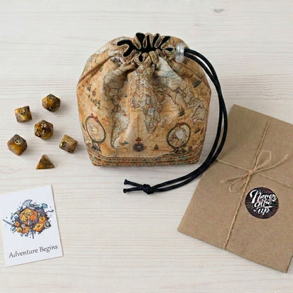 Gift for a Dungeon Master — old world map dice bag with pockets, holds 300+ dice.