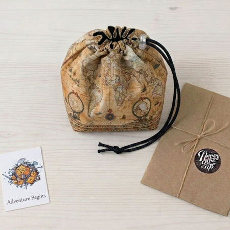 Gift for a Dungeon Master — old world map dice bag with pockets, holds 300+ dice.