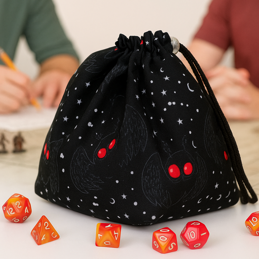 Mothman dice bag with pockets— spacious storage solution for tabletop gamers and dice collectors. Features detailed mothman design, and multiple inner pockets for easy dice organization. Ideal DnD dice bag for dungeons & dragons gifts, d & d gifts, and d&d presents. A perfect, unique gift for game nights, RPG sessions, and fantasy lovers. 