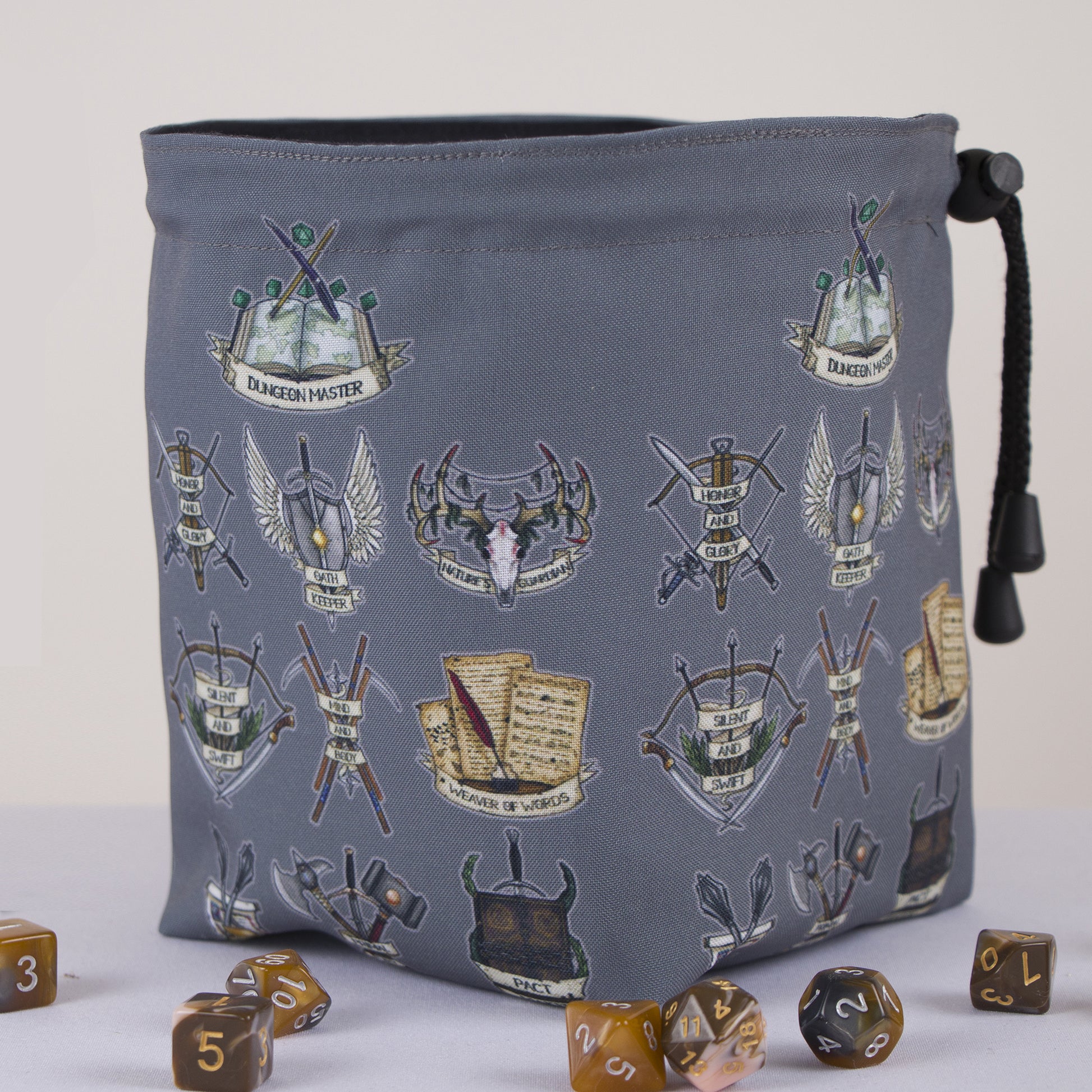 Dungeon Master dice bag standing open — large handmade DnD dice organizer.